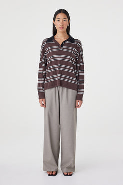 Full-length front view of the Rayne Knit in espresso, black and cream showcasing the relaxed fit, lightweight knit texture and vintage-inspired stripe detailing