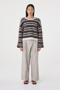 Front view of the Lucca Sweater in Espresso & Blue Stripe highlighting the soft striped knit texture, wide sleeves and relaxed shape through the body.