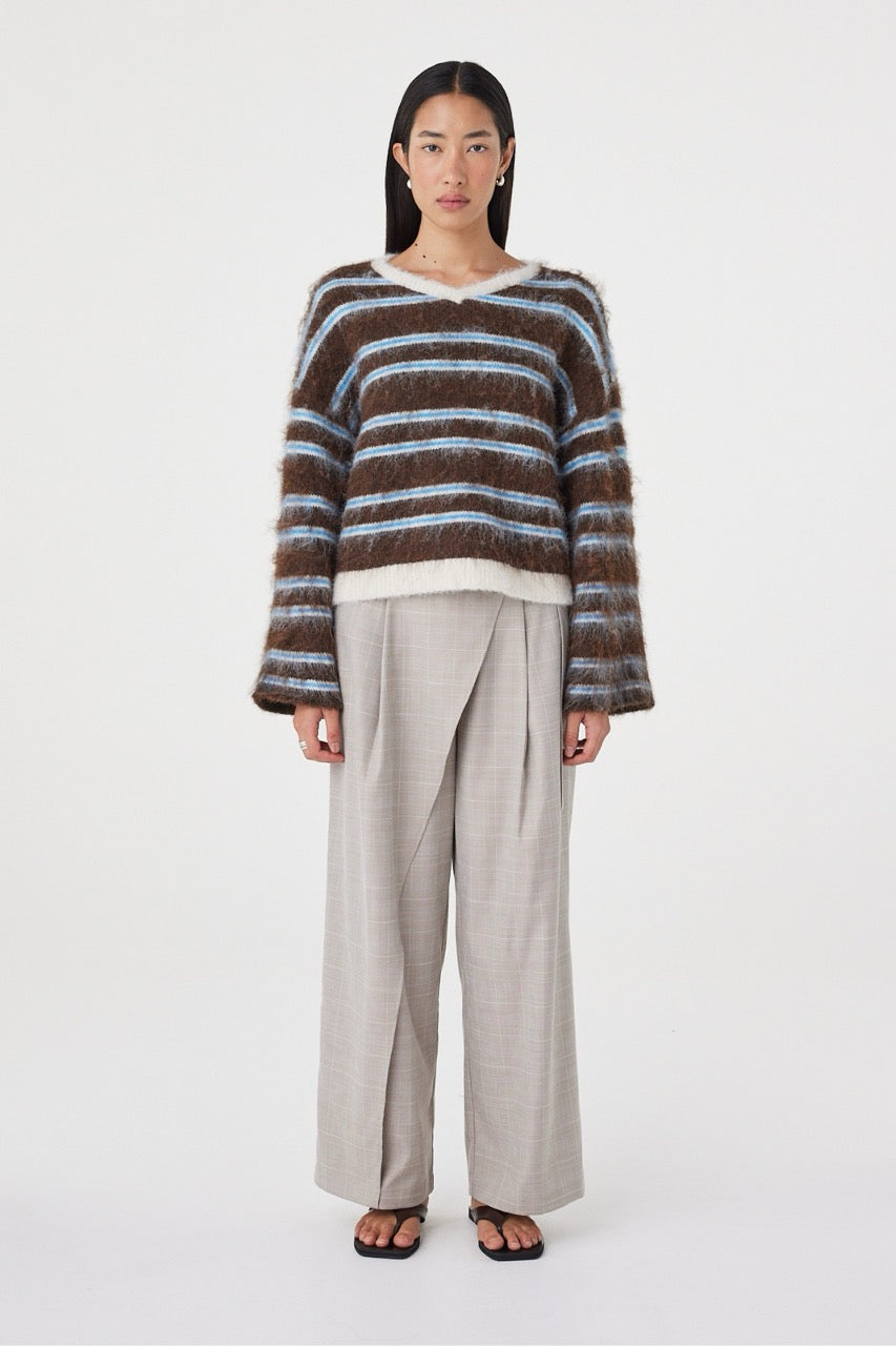 Front view of the Lucca Sweater in Espresso & Blue Stripe highlighting the soft striped knit texture, wide sleeves and relaxed shape through the body.