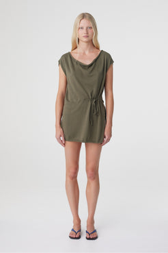 Nora Top in Smokey Olive, full length front view showing the cowl neckline and gathered waist tie detail.
