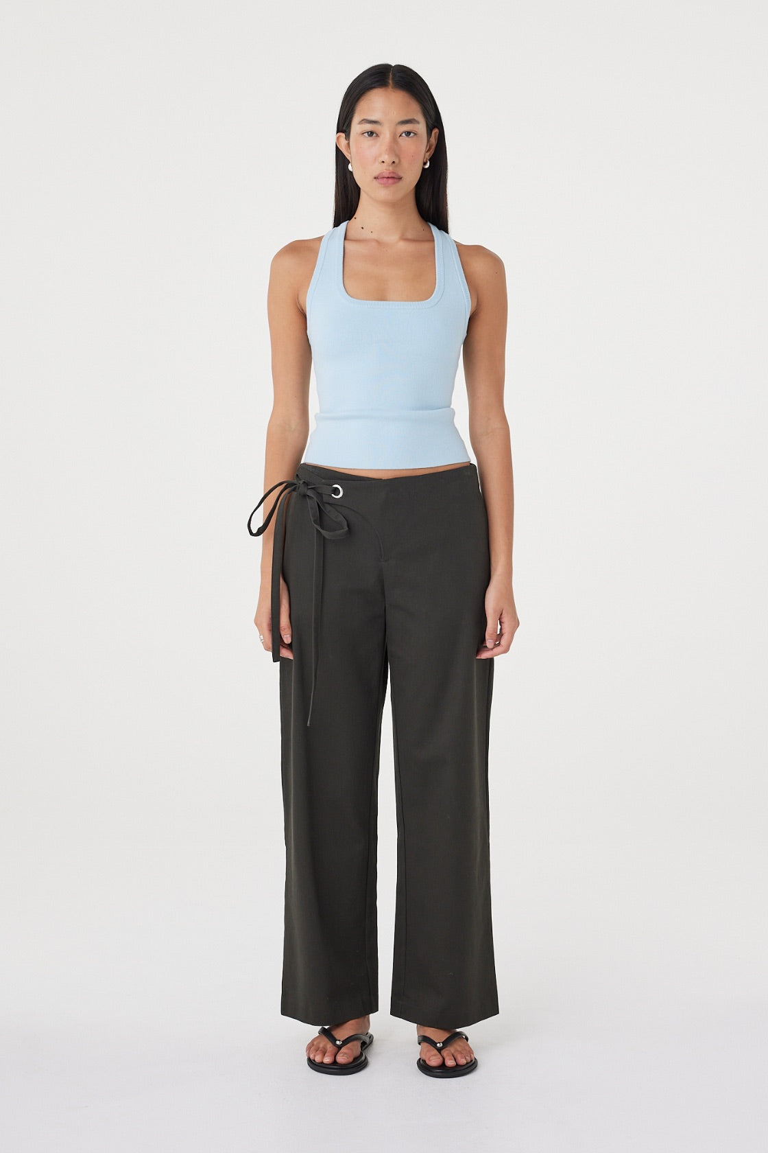 Front view of the Sable Top in Pale Blue highlighting the square neckline, wide shoulder straps and close fit through the body.