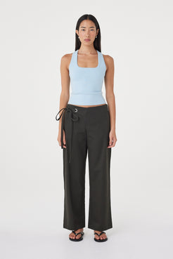 Front view of the Sable Top in Pale Blue highlighting the square neckline, wide shoulder straps and close fit through the body.