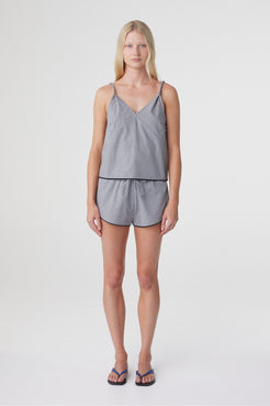 Allie Top in Muted Blue Check, straight-on front view with matching shorts, highlighting the V neckline and relaxed shape through the body.