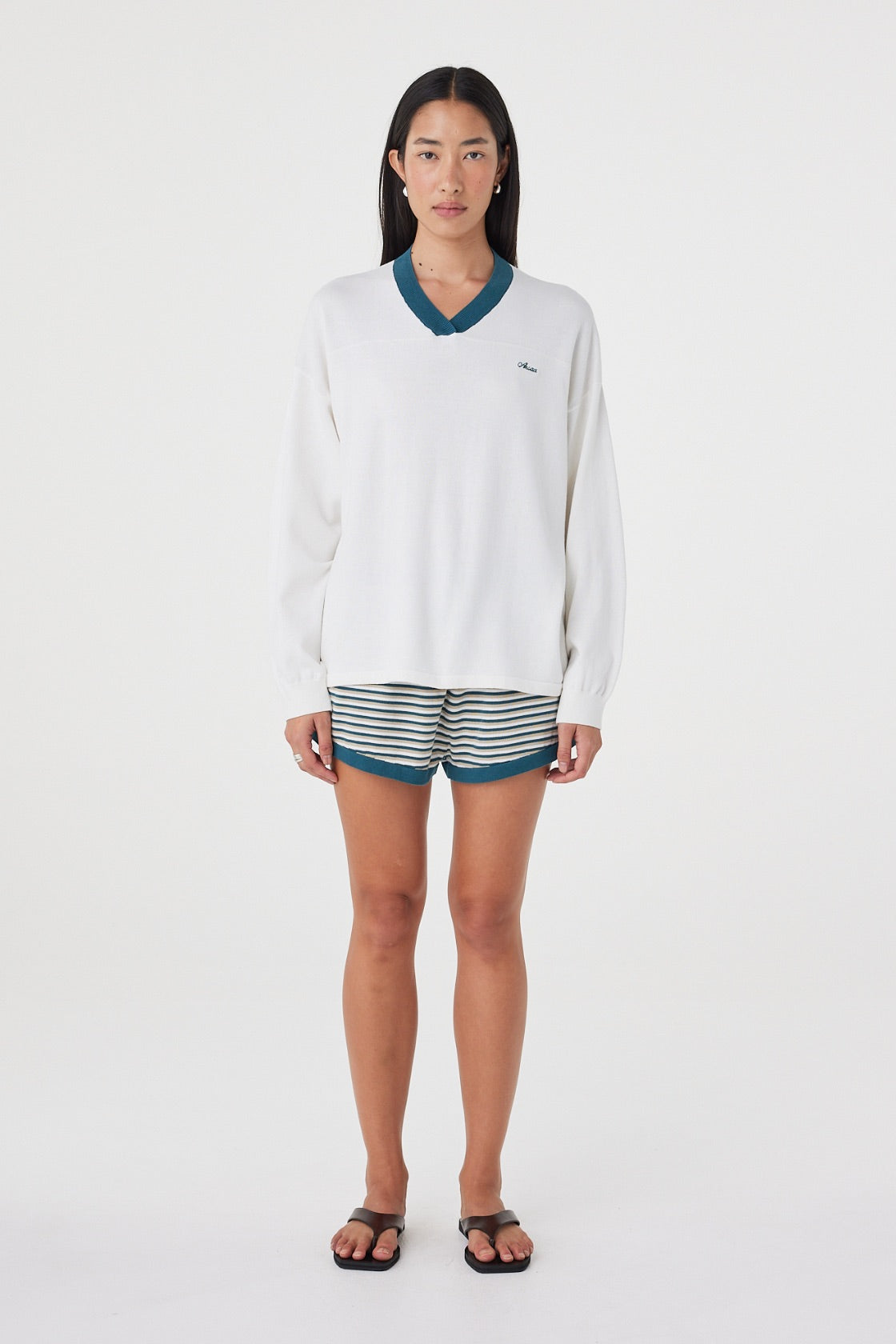 Full-length front view of the Cammy LS Tee in Cream & Teal highlighting the relaxed drape, lightweight organic cotton knit and oversized proportions.