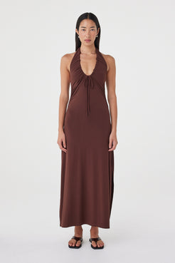 Front view of the Suki Dress in Espresso highlighting the plunging halter neckline, adjustable tie and gathered waist.