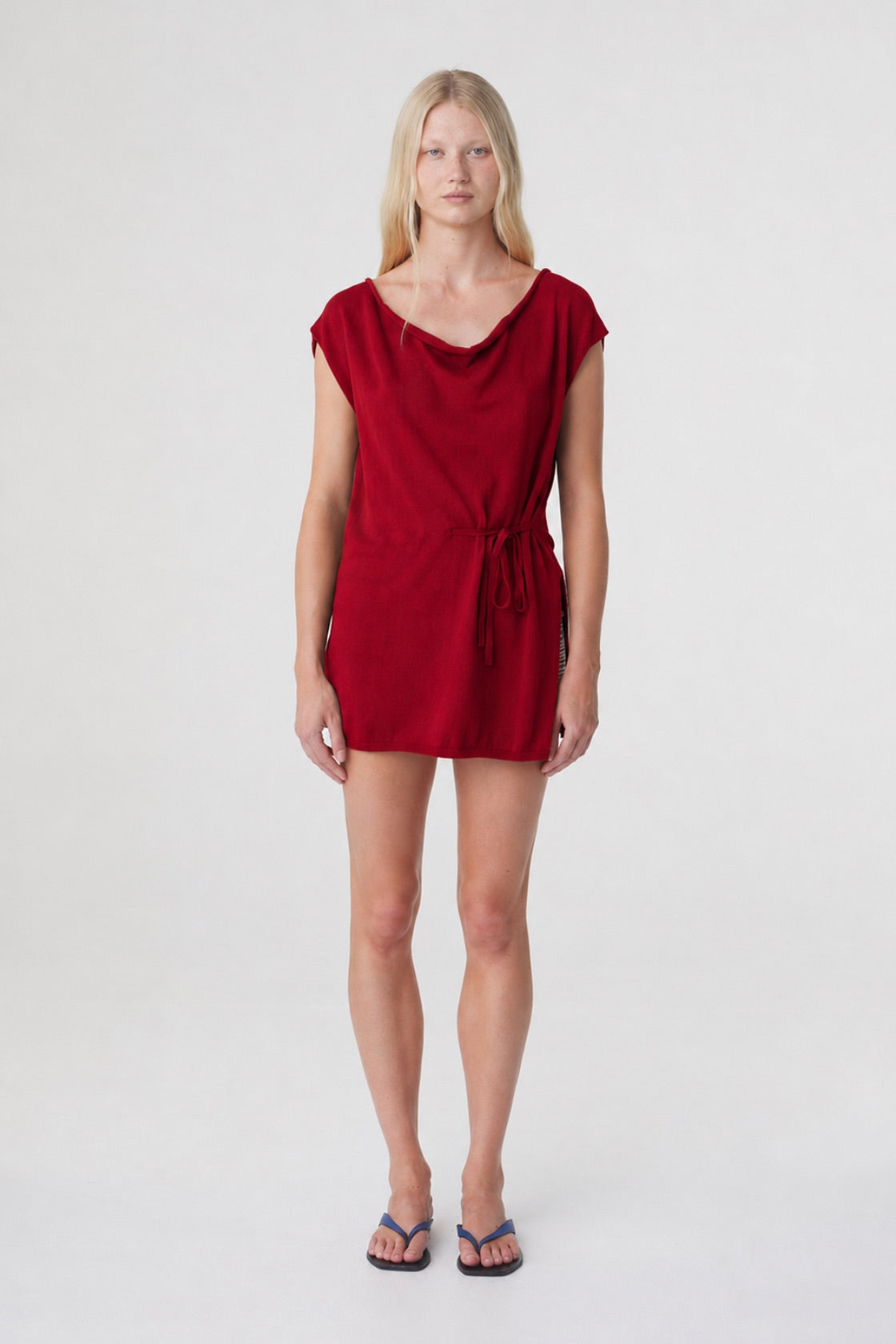 Nora Top in Chilli, straight-on front view highlighting the relaxed shape, cowl neckline and gathered tie detail at the waist.