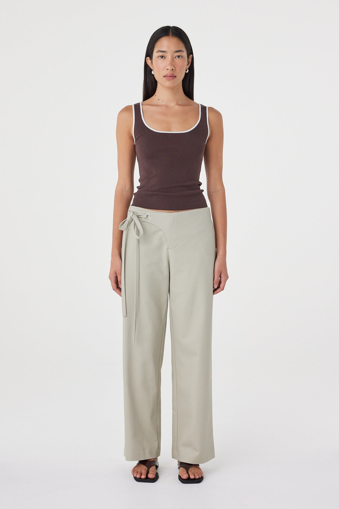 Front view of the Kaya Tank in Espresso & Cream highlighting the contrast trim, slim fit and soft organic cotton knit texture.