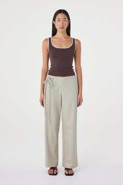 Front view of the Kaya Tank in Espresso & Cream highlighting the contrast trim, slim fit and soft organic cotton knit texture.