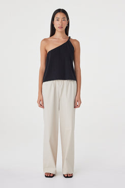 Front view of the Harri Asym Top in Black highlighting the asymmetric neckline, relaxed body and lightweight linen cotton fabrication.