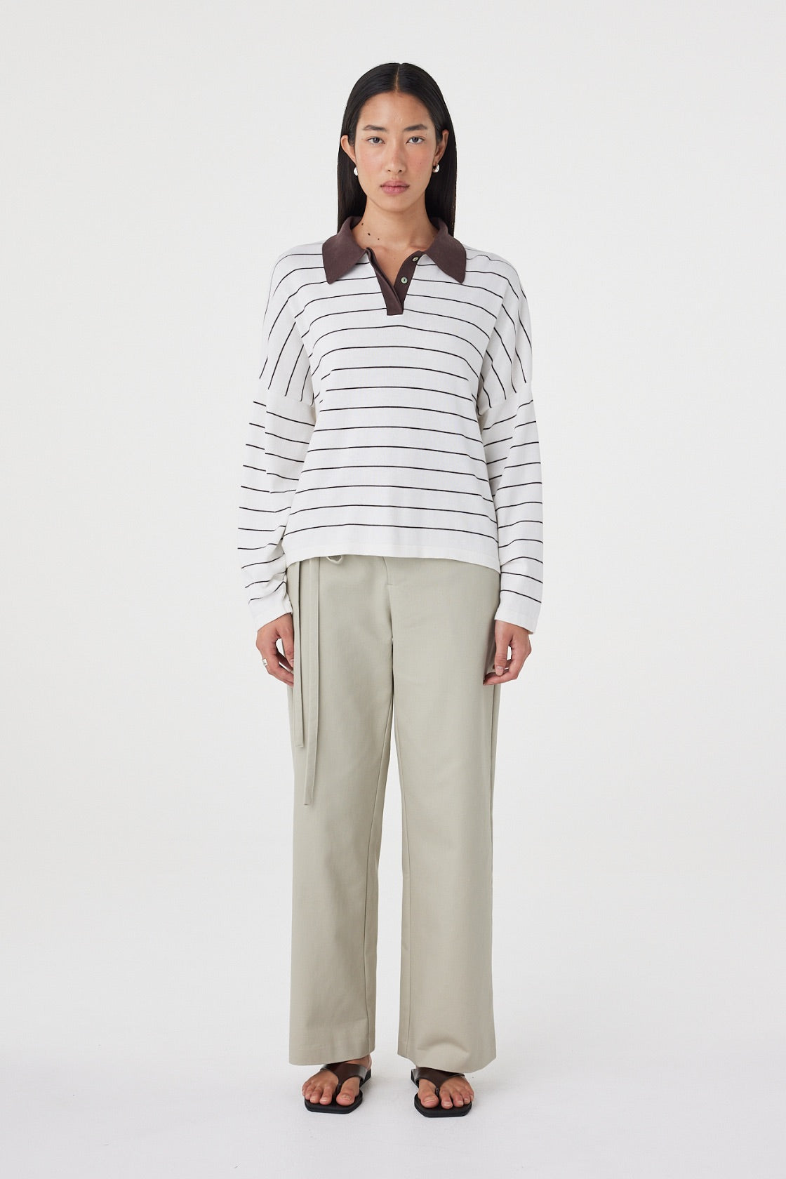 Front view of the Zia Tie Knit Jersey in Cream & Espresso highlighting the striped knit, contrast collar and effortless off-body silhouette.