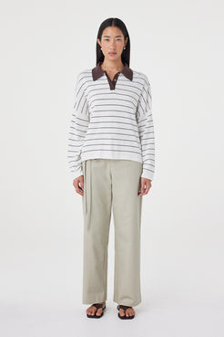 Front view of the Zia Tie Knit Jersey in Cream & Espresso highlighting the striped knit, contrast collar and effortless off-body silhouette.