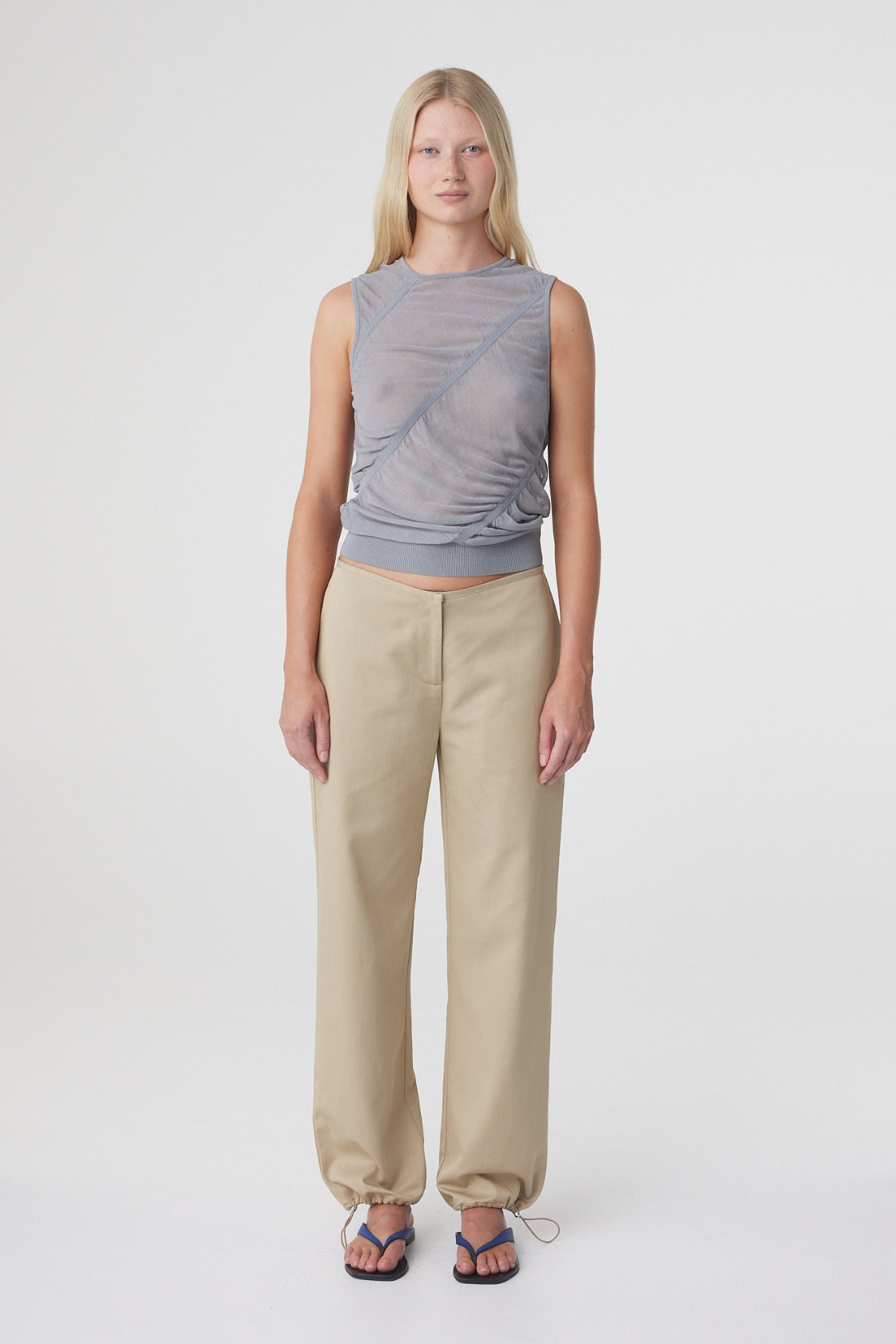 Hana Top in Mist, straight-on front view highlighting the soft ruching across the torso and fitted sleeveless shape.
