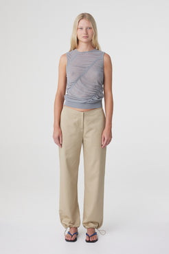 Hana Top in Mist, straight-on front view highlighting the soft ruching across the torso and fitted sleeveless shape.
