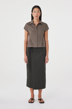 Front view of the Freya Shirt in Chocolate Check highlighting the collared neckline, button-front closure and structured princess seam construction.