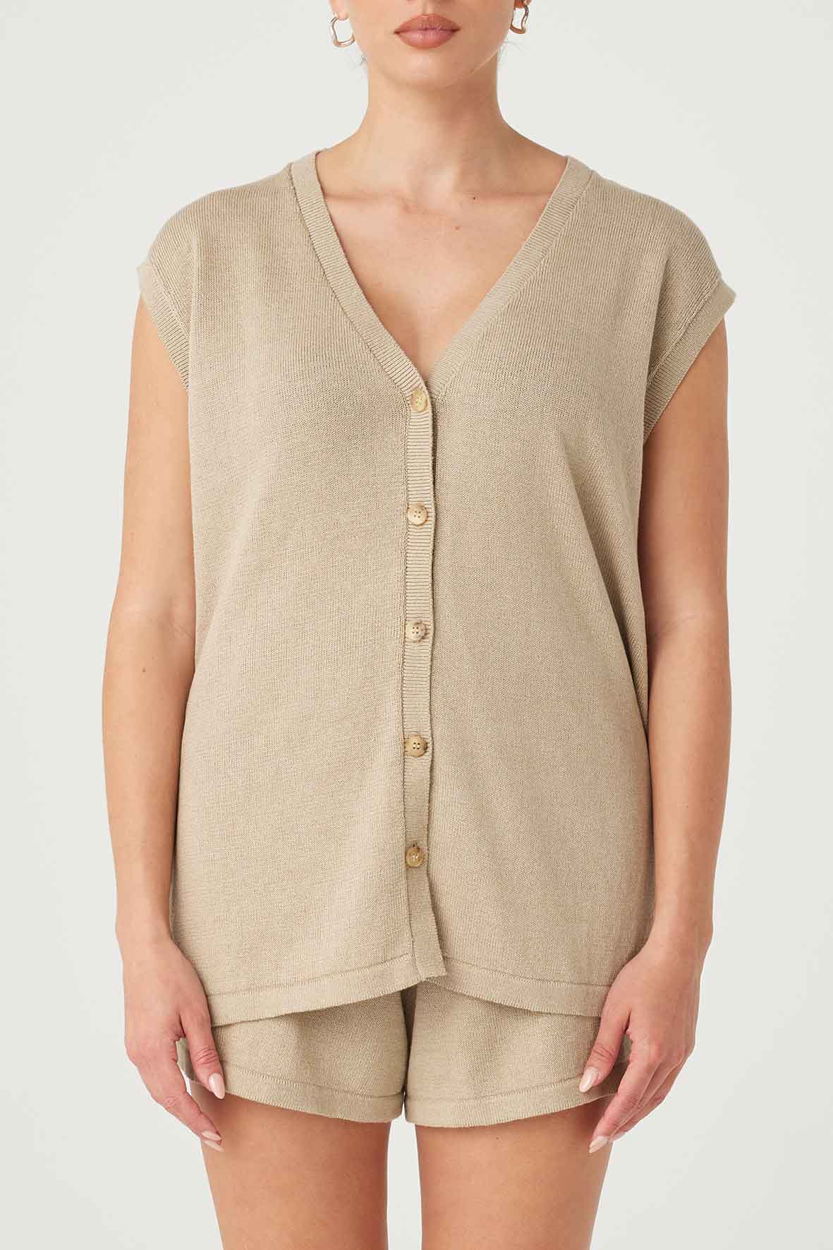 Front view of Ada Vest in taupe, button-down design, V-neck, and side splits, made from linen and organic cotton blend