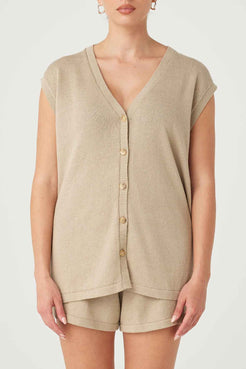 Front view of Ada Vest in taupe, button-down design, V-neck, and side splits, made from linen and organic cotton blend