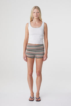 Kaya Tank in Cream & Dusk Blue, straight-on full length view showing the cream tank and contrasting Dusk Blue neckline and armhole trim.