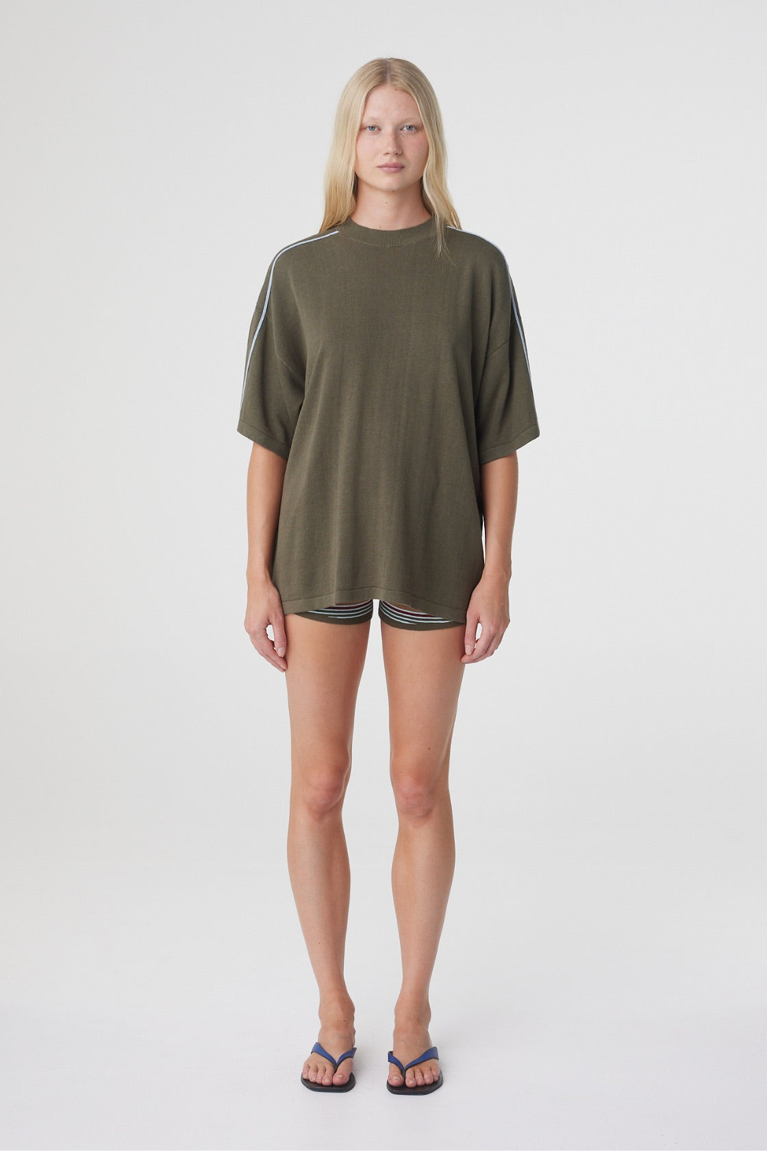 Pippa Oversized Tee in Smokey Olive and Dusk Blue, front view showing the loose fit through the body and wide short sleeves.

