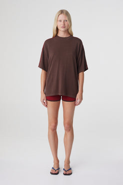 Pippa Oversized Tee in Espresso & Chilli, straight-on front view highlighting the relaxed longline silhouette and contrast shoulder piping.