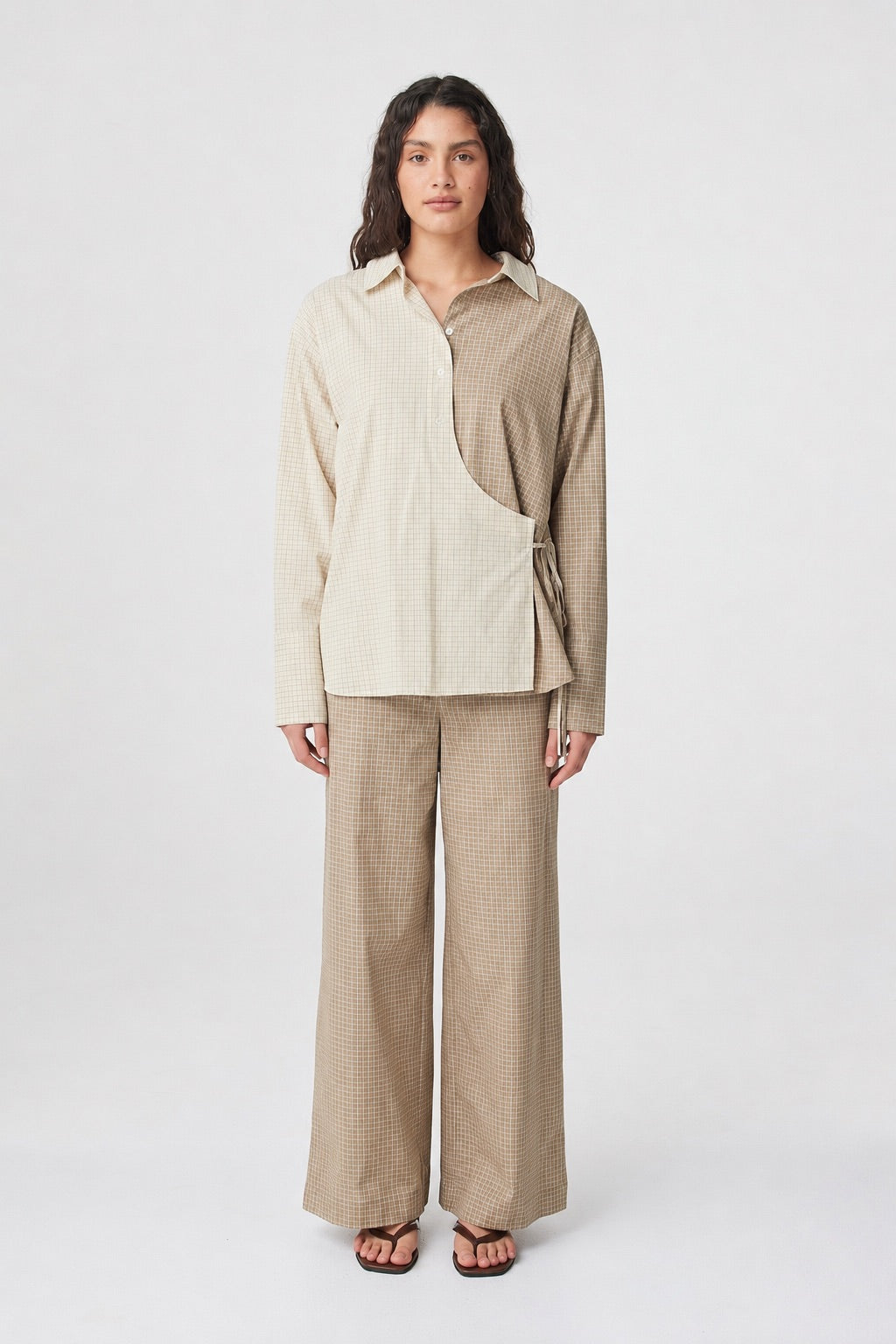 Autumn Wrap Shirt in Two Tone Check with matching pants, full-length front view highlighting the crossover panel and relaxed silhouette.