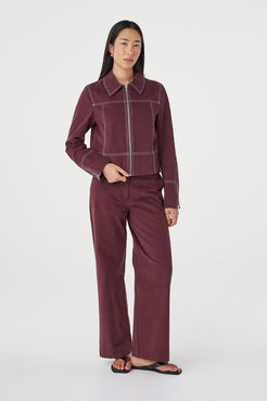 Full-length view of the Benny Jacket in Merlot worn as a coordinated set, showcasing the brushed cotton fabrication and relaxed silhouette.