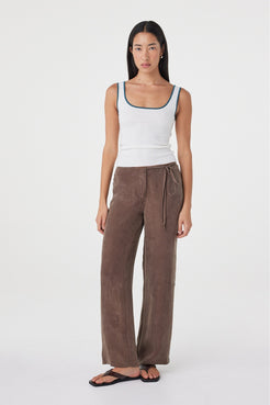 Full-length styled view of the Maisie Tie Pant in Espresso featuring the side tie waist and effortless straight-leg silhouette.