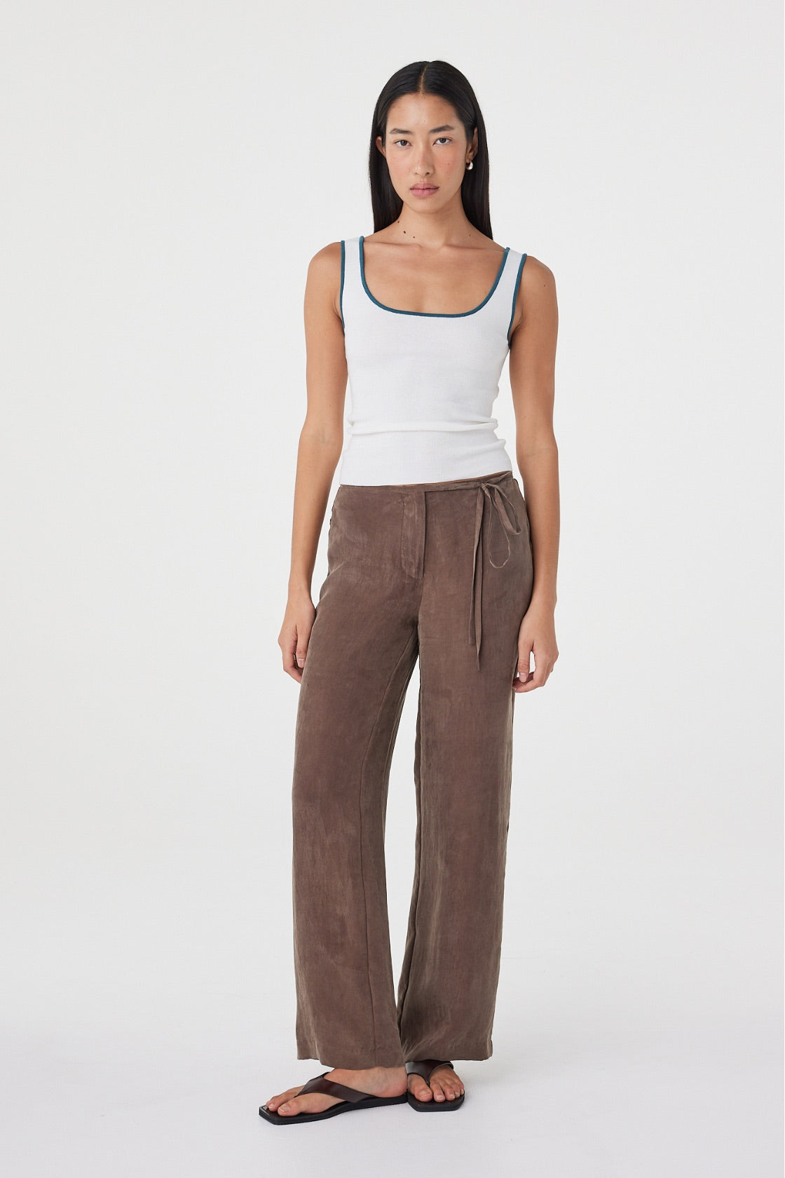 Full-length styled view of the Maisie Tie Pant in Espresso featuring the side tie waist and effortless straight-leg silhouette.