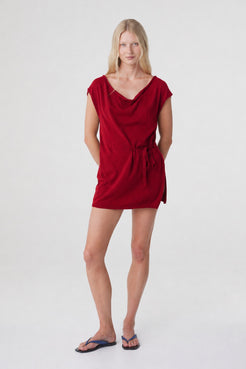Nora Top in Chilli, full front view showing the longline silhouette, waist tie and low hip length.