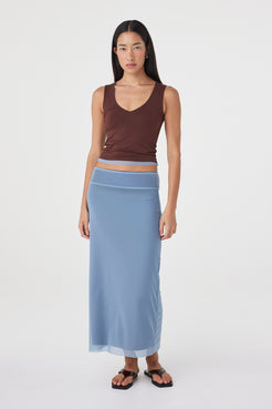 Full-length front view of the Eden Reversible Top in Pale Blue & Espresso showcasing the reversible espresso side, slim silhouette and coordinated styling with the matching pale blue skirt.