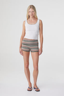 Kaya Tank in Cream & Dusk Blue, relaxed three quarter front view styled with striped mini shorts and flat sandals.