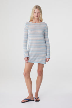 Nia Long Sleeve Mini Dress in Dusk Blue Cream Stripe, angled full length view showing the relaxed silhouette and lightweight cotton knit.