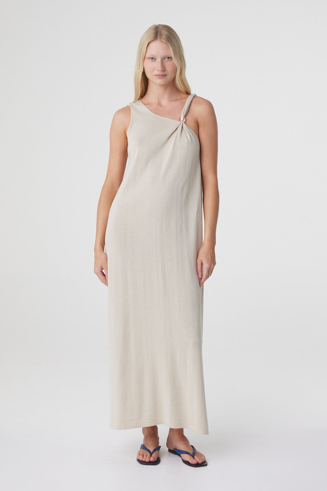 Clara Maxi Dress in Taupe, full front view showing the relaxed sleeveless shape and floor skimming maxi length.