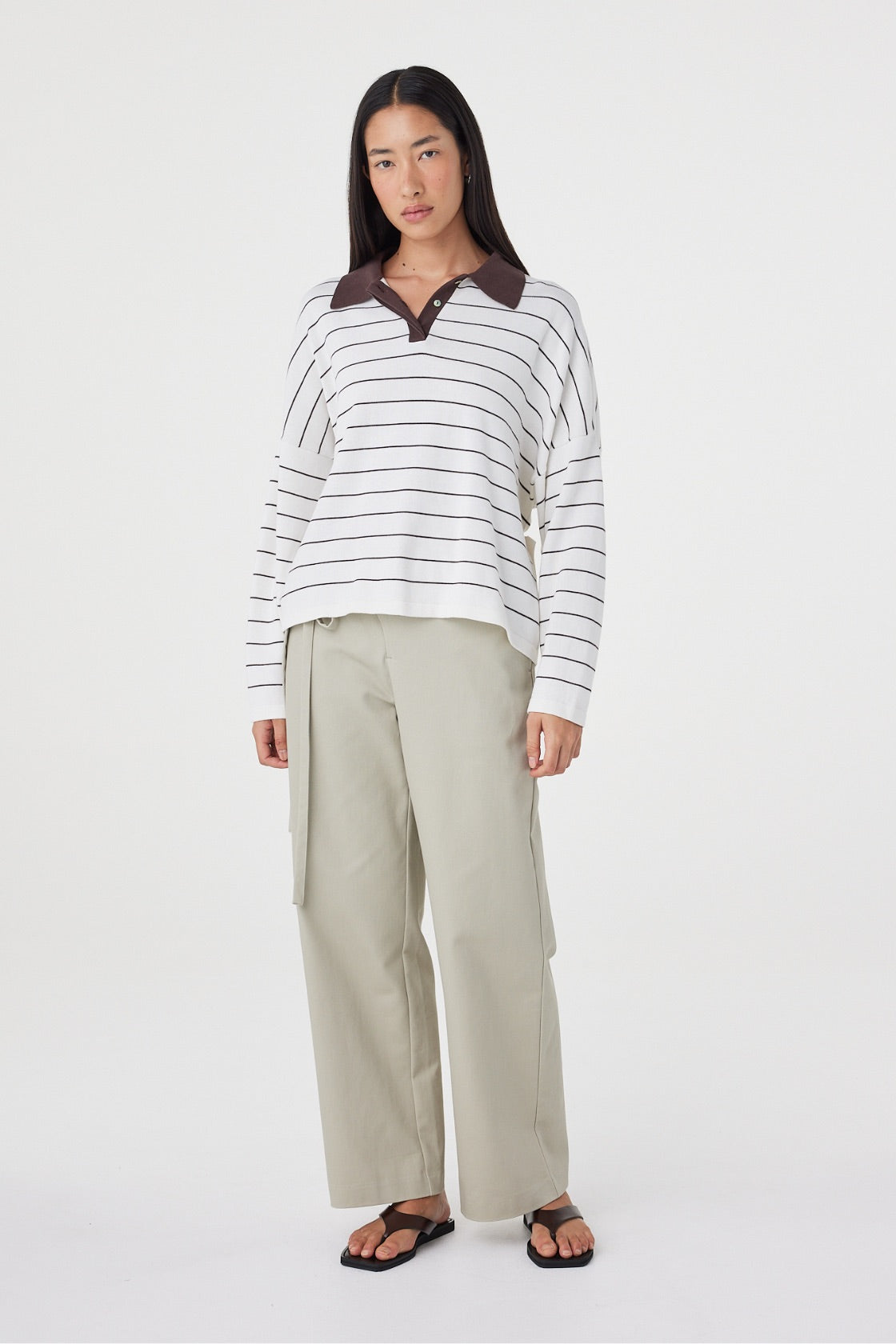 Full-length front view of the Zia Tie Knit Jersey in Cream & Espresso showcasing the relaxed oversized fit, dropped shoulders and adjustable back waist detail.