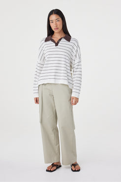 Full-length front view of the Zia Tie Knit Jersey in Cream & Espresso showcasing the relaxed oversized fit, dropped shoulders and adjustable back waist detail.