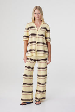 Willa Pant in Butter Espresso Stripe, full length front view worn as a matching set with the Willa Shirt.