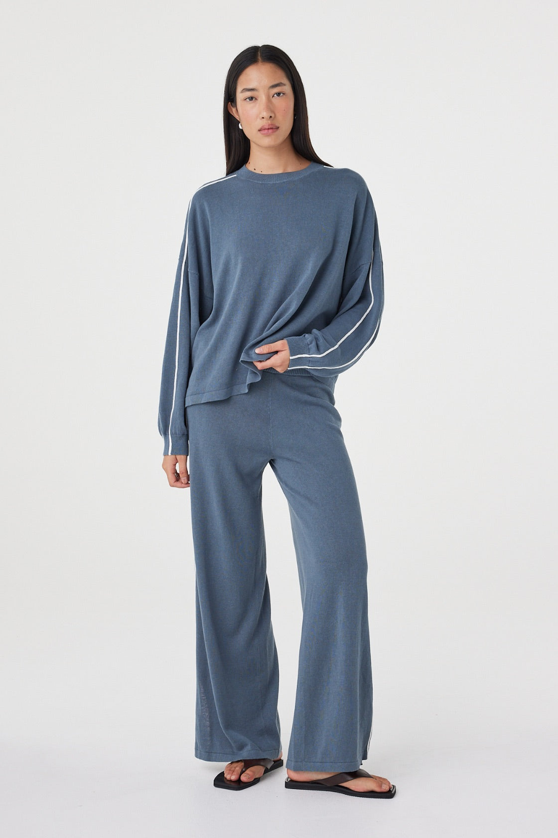 Full-length front view of the Pippa Longsleeve Tee in Storm & Cream showcasing the relaxed fit, dropped shoulders and coordinated styling with the matching Pippa Pant 2.0.