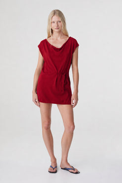 Nora Top in Chilli, relaxed front pose highlighting the adjustable waist tie and soft drape through the body.