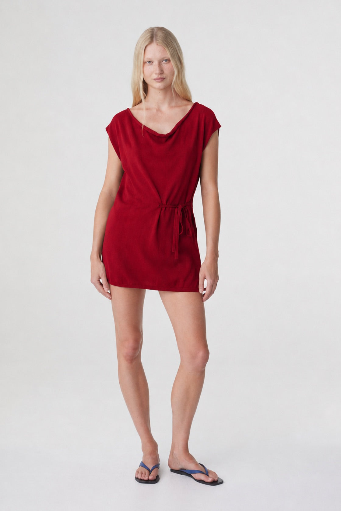 Nora Top in Chilli, relaxed front pose highlighting the adjustable waist tie and soft drape through the body.