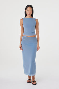 Front view of the Eden Reversible Skirt in Pale Blue & Espresso showcasing the longline shape, wide waistband and matching Eden Reversible Top.