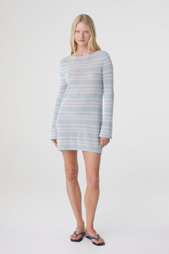 Nia Long Sleeve Mini Dress in Dusk Blue Cream Stripe, full length front view highlighting the custom stripe knit and softly flared long sleeves.