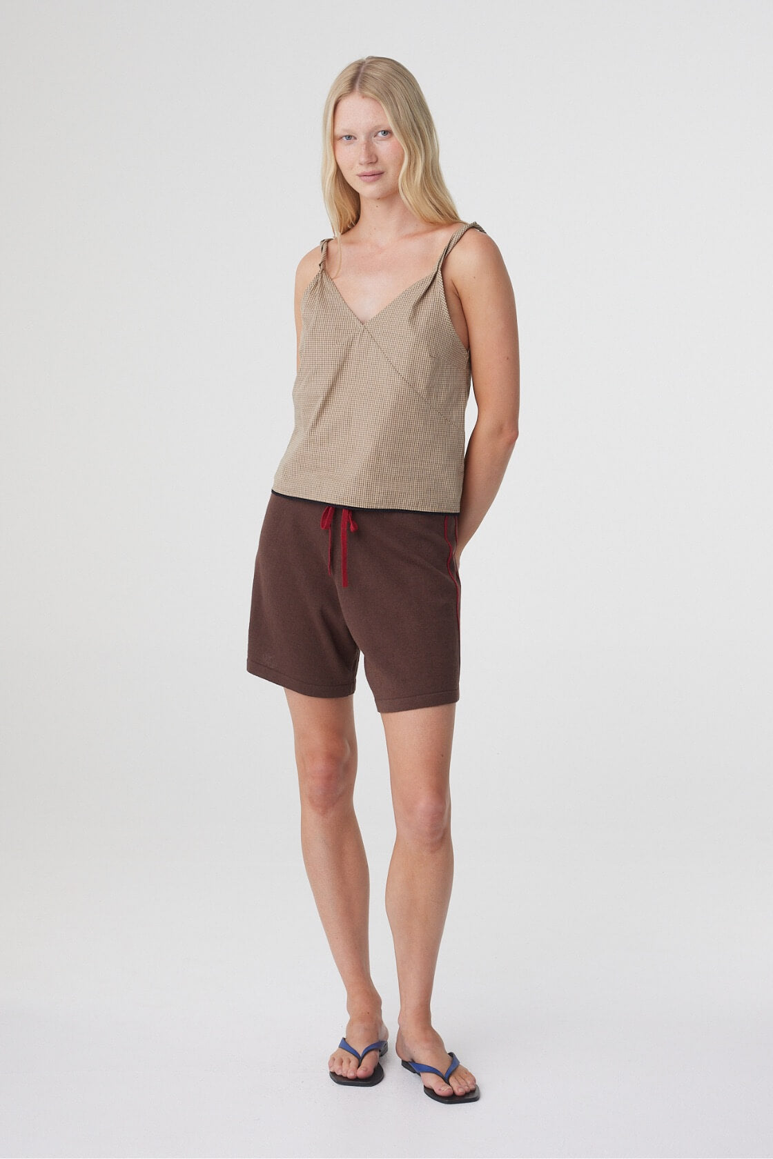 Pippa Midi Short in Espresso & Chilli, relaxed full length front pose styled with a neutral cami and flat sandals.