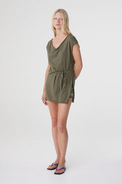 Nora Top in Smokey Olive, full length angled view showing the adjustable waist tie and soft drape through the body.