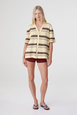 Willa Shirt in Butter Espresso Stripe, relaxed full length front pose showing the loose fit and longline silhouette.