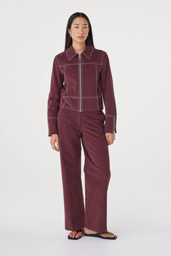Full-length view of the Avery Pant in Merlot styled with the matching Benny Jacket for a coordinated set.