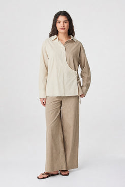 Autumn Wrap Shirt in Two Tone Check styled with coordinating check pants, full-length front view showing the oversized fit and curved hem.