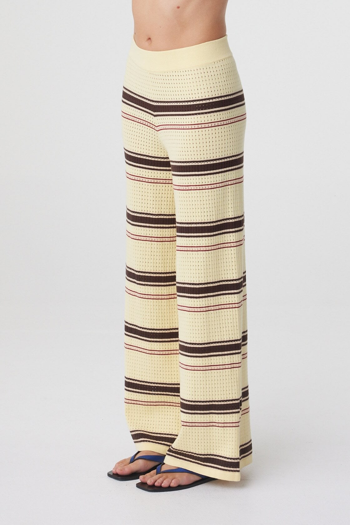 Willa Pant in Butter Espresso Stripe, side view highlighting the long wide leg silhouette and split detail at the hem.
