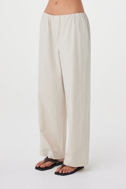 Close-up view of the Annika Pant in Taupe focusing on the wide leg silhouette and soft fabrication.