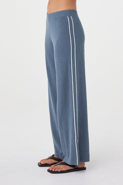 Side detail view of the Pippa Pant 2.0 in Storm & Cream showcasing the wide-leg silhouette, side pleat detailing and lightweight linen blend.