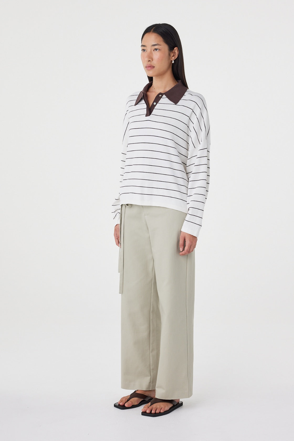 Side view of the Zia Tie Knit Jersey in Cream & Espresso featuring the dropped shoulder construction and relaxed drape through the body.