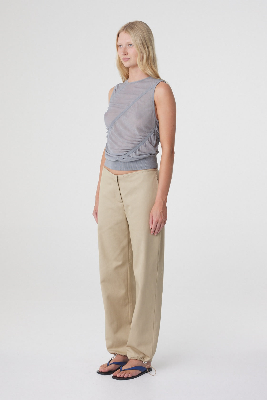 Hana Top in Mist, three quarter view showing the sheer rayon cotton fabrication, high neckline and asymmetrical gathering.
